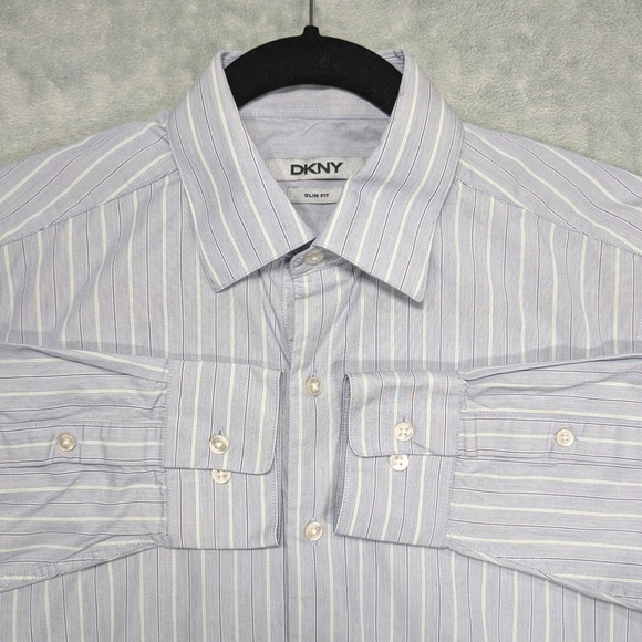 Dkny Other - DKNY Mens Slim Fit Striped Dress Shirt Blue Green White Striped 15‎ 34/35 Cotton